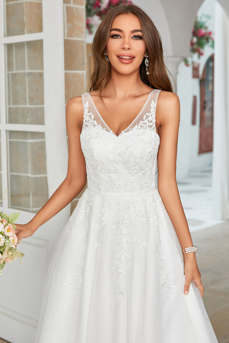 Load image into Gallery viewer, White Mid-Calf Tulle Wedding Dress with Lace